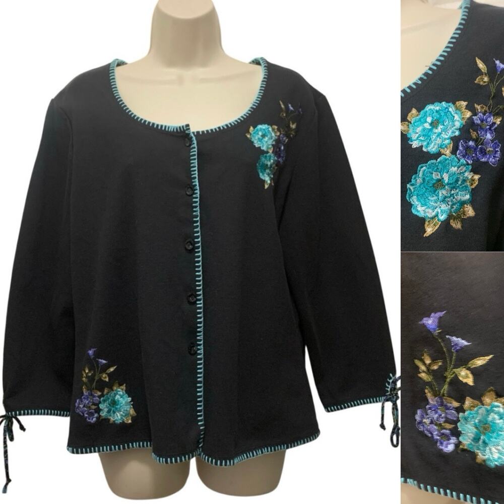 Studio Ease Womens Sz 18 Cardigan Black Embroidered Turquoise Stitch Boho